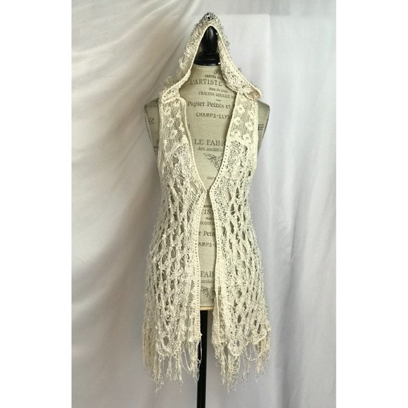 Free People Crochet Ivory Hoodie Sleeveless Boho - Picture 2 of 15